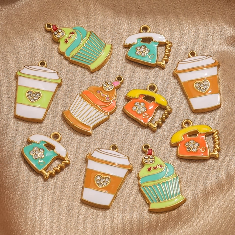 Stainless Steel Enamel Cartoon Charm Cute Rhinestone Cupcake Coffee Cup Retro Telephone Pendant DIY Jewelry Finding Accessary