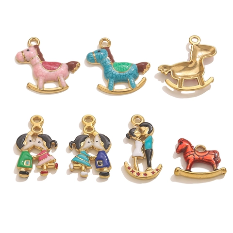 Ciondoli in Acciaio Inossidabile DIY Smalto Cartoon Cavallo a Dondolo Coppia per Collana Bracciale Accessori per Creazione Gioielli