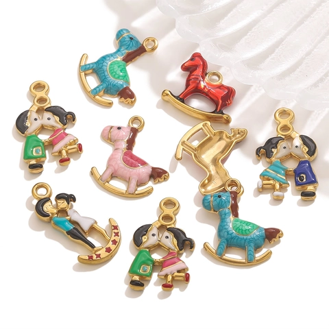 Ciondoli in Acciaio Inossidabile DIY Smalto Cartoon Cavallo a Dondolo Coppia per Collana Bracciale Accessori per Creazione Gioielli