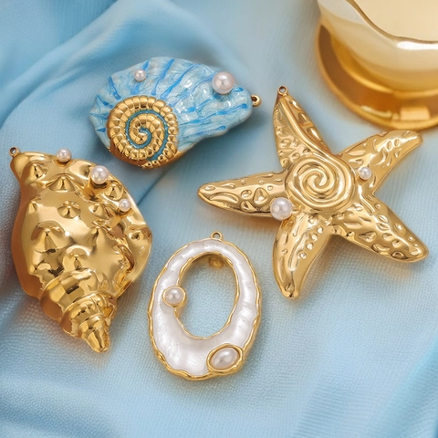 Colgante Náutico de Acero Inoxidable Estrella de Mar y Caracola Perla Artificial Dorado DIY Accesorios de Joyería
