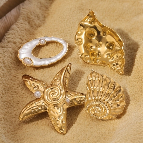 Colgante Náutico de Acero Inoxidable Estrella de Mar y Caracola Perla Artificial Dorado DIY Accesorios de Joyería