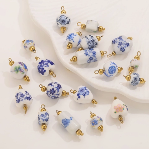 Pendentivi in Ceramica Blu e Bianca Con Accessori in Acciaio Inossidabile Per Creazione Gioielli Fai Da Te Orecchini