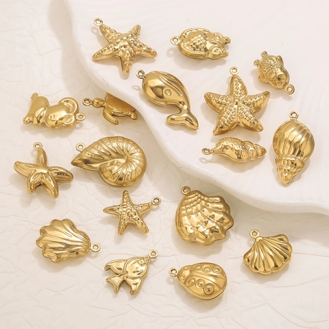 Stainless Steel Ocean Theme Animal Pendants Gold Plated Shell Starfish Whale Sea Turtle Charms For DIY Jewelry Making