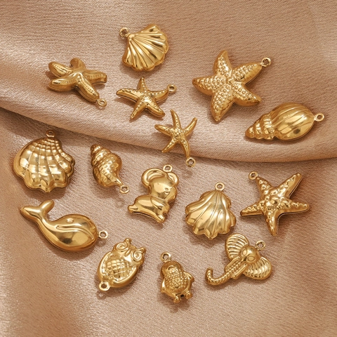 Stainless Steel Ocean Theme Animal Pendants Gold Plated Shell Starfish Whale Sea Turtle Charms For DIY Jewelry Making