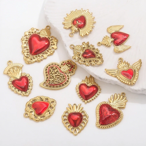 Vintage Stainless Steel 18K Gold Plated Sacred Heart Enamel Pendants With Wings Floral For DIY Jewelry Making Women Necklace Charms