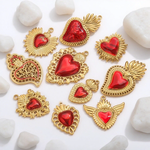 Vintage Stainless Steel 18K Gold Plated Sacred Heart Enamel Pendants With Wings Floral For DIY Jewelry Making Women Necklace Charms