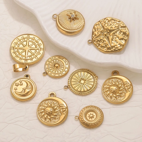 Stainless Steel Celestial Pendants Sun Moon Star Compass Charms Pendant Only Without Chain For DIY Necklace Jewelry Making Gold Silver