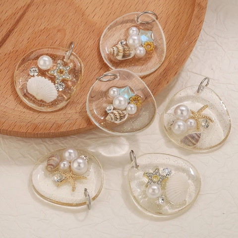 Pendentif en Résine Série Océan Avec Perle Artificielle Strass Coquillage Étoile de Mer Pour Création Bijoux DIY Style Plage