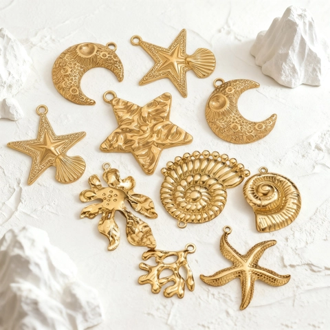 Stainless Steel Star Moon Starfish Shell Pendants For DIY Jewelry Making Gold Silver Plated Textured Metal Charms Necklaces