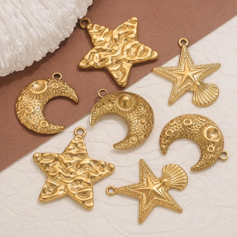 Stainless Steel Star Moon Starfish Shell Pendants For DIY Jewelry Making Gold Silver Plated Textured Metal Charms Necklaces