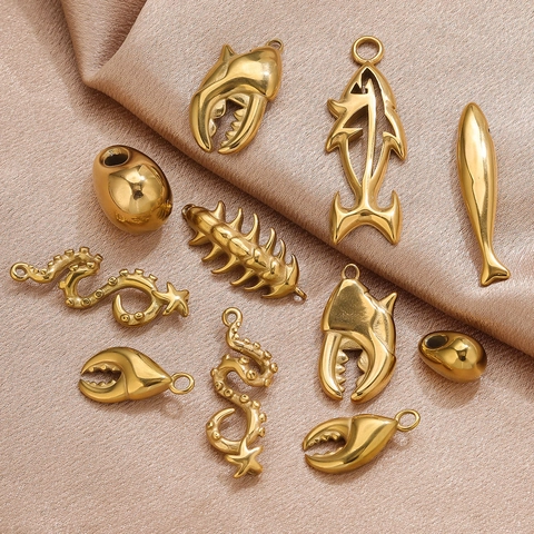 Stainless Steel Ocean Animal Pendants Octopus Shark Crab Claw Fish Bone Charms For DIY Jewelry Making Necklace Bracelet Accessory