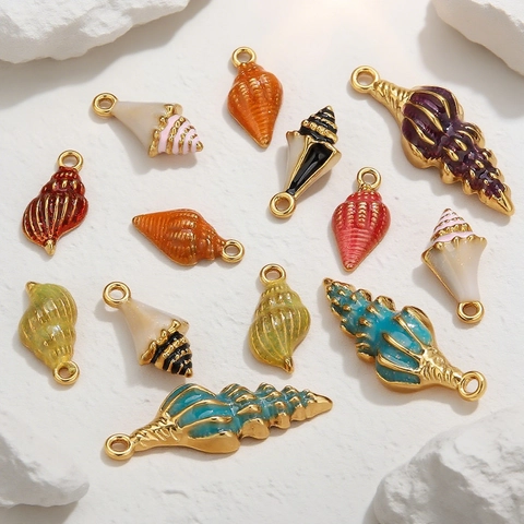 Pendentifs en Acier Inoxydable en Forme de Conque Coquillage Émail Série Marine Charms pour DIY Bracelet Collier Femme
