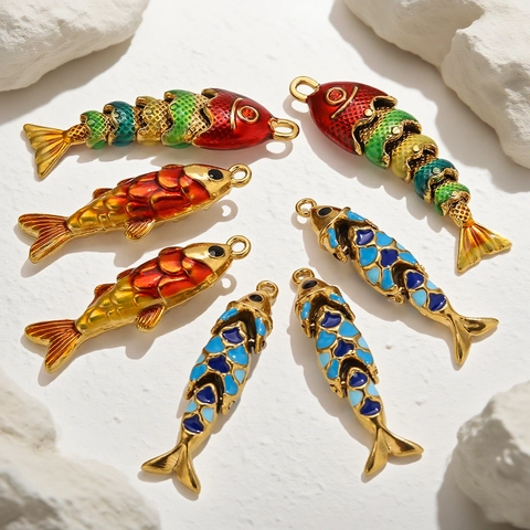 Movable Enamel Fish Pendant Stainless Steel Koi Carp Jewelry Finding For Necklace Bracelet DIY Crafting Chinese Style Accessory
