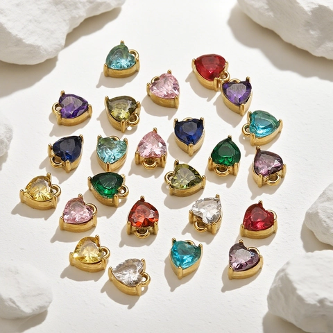 Heart Shape Stainless Steel Zirconia Pendant DIY Jewelry Findings For Necklace Bracelet Making Small Colorful Crystal Charm