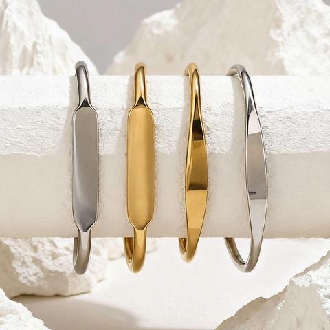 Minimalist Stainless Steel Open C-Shaped Bangle For Men Women Polished Gold Silver Steel Color Engraving Bangle Bracelet Gift Jewelry