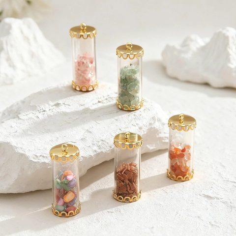 Stainless Steel Glass Tube Pendant With Natural Stone Filling Round Geometric DIY Jewelry Making Accessories Gold Plated Clear Small Bottle Hanging Ornament