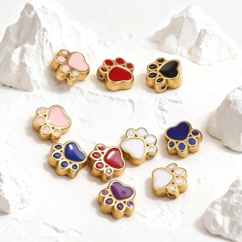 Stainless Steel Animal Paw Print Beads Enamel Footprint Spacer Beads For DIY Bracelet Necklace Jewelry Making Accessories
