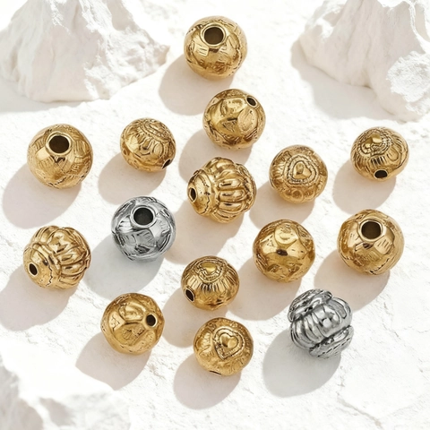 Cuentas Espaciadoras Vintage de Acero Inoxidable Talladas Flores Corazón Chapado Oro Plata DIY Joyería Cuentas