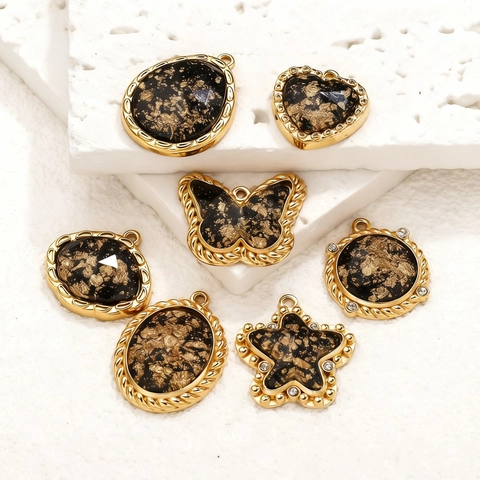 Vintage Metal Black Gold Foil Pendants With Rhinestones For DIY Jewelry Making Star Heart Butterfly Charms Accessories