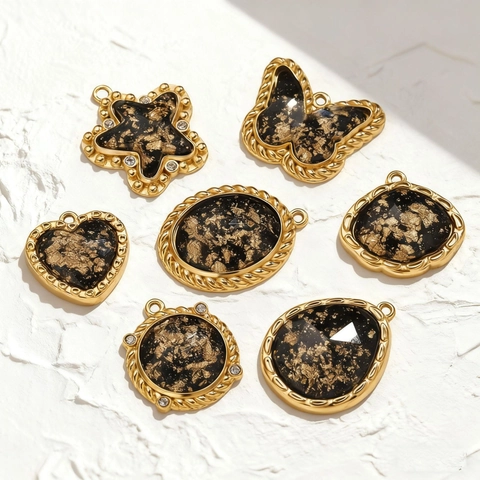 Vintage Metal Black Gold Foil Pendants With Rhinestones For DIY Jewelry Making Star Heart Butterfly Charms Accessories