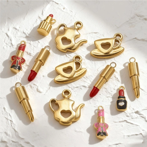 Stainless Steel Pendants Lipstick Teapot Coffee Cup Charms Enamel Drip Oil Gold Plated For DIY Jewelry Making Crafts