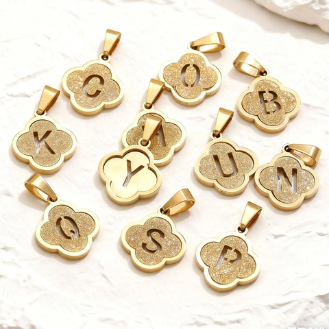 Stainless Steel Gold Plated Four Leaf Clover Initial Letter Pendant Frosted Sandblast Charm For Women DIY Jewelry Making