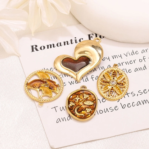 Stainless Steel Ginkgo Leaf Heart Sun Moon Pendants For DIY Jewelry Making 18K Gold Plated Enamel Charms For Jewelry