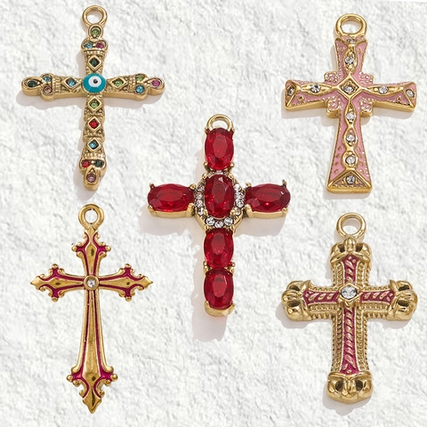 Pendentif Croix en Acier Inoxydable pour la Fabrication de Bijoux Plaqué Or 18K Charme Religieux Avec Émail Mauvais Œil et Strass