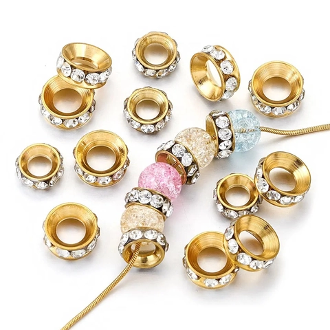 Stainless Steel Rhinestone Pave Rondelle Spacer Beads For DIY Jewelry Making Round Gold Silver Findings For Handcraft Accessory
