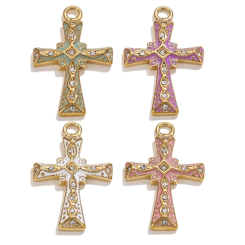 Pendentif Croix en Acier Inoxydable pour la Fabrication de Bijoux Plaqué Or 18K Charme Religieux Avec Émail Mauvais Œil et Strass
