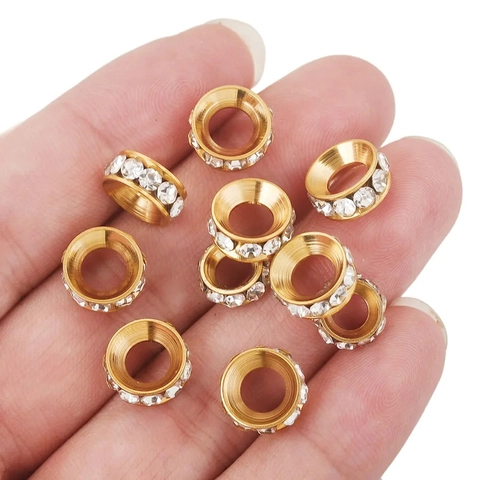 Stainless Steel Rhinestone Pave Rondelle Spacer Beads For DIY Jewelry Making Round Gold Silver Findings For Handcraft Accessory