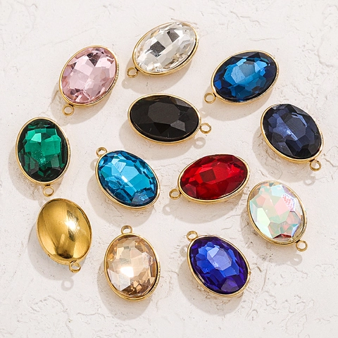 Faceted Oval Rhinestone Pendant Gold Plated Stainless Steel Frame Crystal Glass Gemstone Charms For DIY Necklace Earrings Making