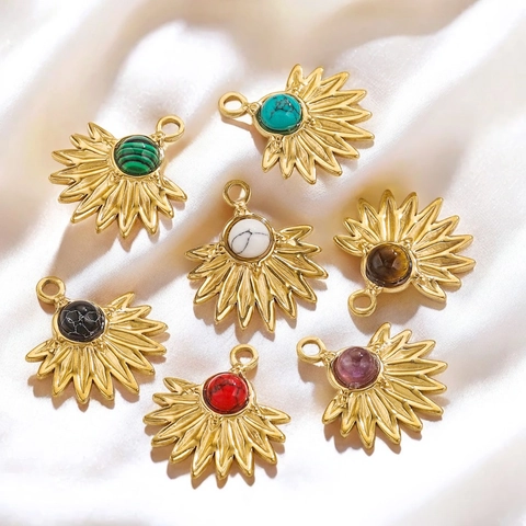 Bohemian Radiant Sunflower Natural Stone Stainless Steel Pendant Radiant Sunburst DIY Jewelry Making Accessory For Necklace Earring