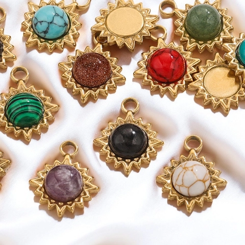 Sun Pendant Stainless Steel Natural Stone 18K Gold Plated DIY Accessory For Women Vintage Sun Pendant Only (Without Chain)