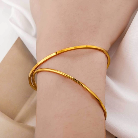 Bracciale Rigido in Acciaio Inossidabile Minimalista per Donna Lucidato Tondo Quadrato Bracciale Rigido Placcato Oro 18K