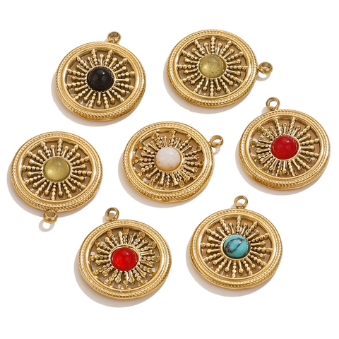 Vintage Edelstahl Sonnenstrahl Anhänger Kreisförmig Hohl Eingelegt Naturstein Charm Für DIY Halskette Ohrring Schmuckherstellung