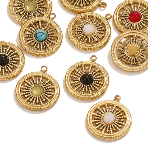 Vintage Edelstahl Sonnenstrahl Anhänger Kreisförmig Hohl Eingelegt Naturstein Charm Für DIY Halskette Ohrring Schmuckherstellung