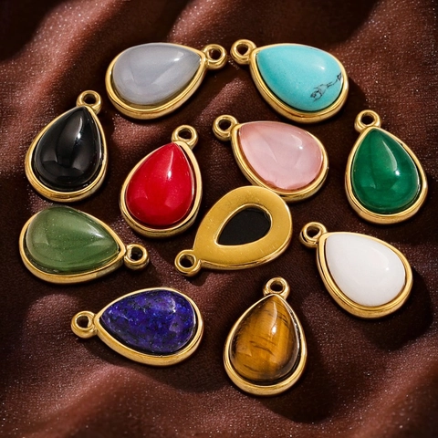 Natural Stone Teardrop Pendants Stainless Steel 18K Gold Plated Agate Aventurine Charms For DIY Necklace Bracelet Making Jewelry Findings