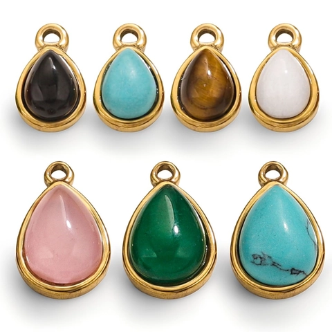Natural Stone Teardrop Pendants Stainless Steel 18K Gold Plated Agate Aventurine Charms For DIY Necklace Bracelet Making Jewelry Findings
