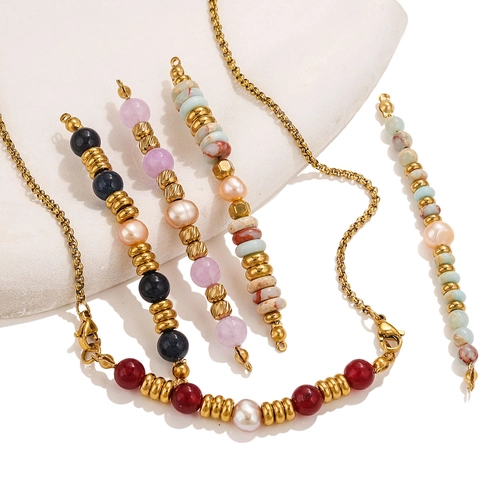 Stainless Steel Natural Stone Artificial Pearl Beaded Pendant Connector For DIY Jewelry Making Colorful Vintage Charms