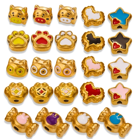 Stainless Steel Enamel Animal Shape Large Hole Beads For DIY Jewelry Making Cartoon Cat Pig Heart Star Candy Pattern Spacers