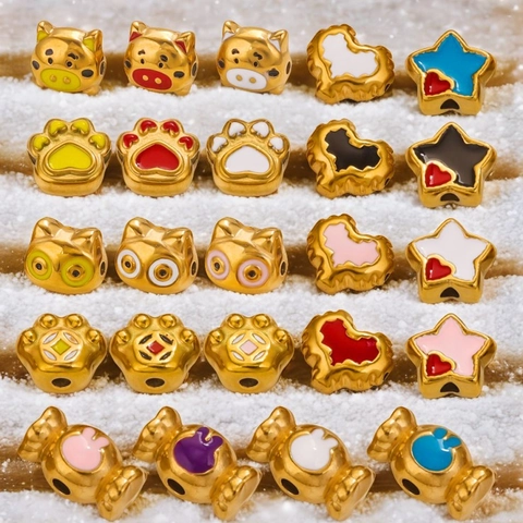 Stainless Steel Enamel Animal Shape Large Hole Beads For DIY Jewelry Making Cartoon Cat Pig Heart Star Candy Pattern Spacers
