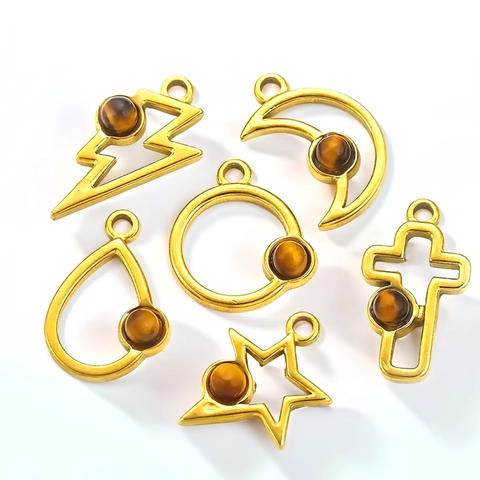 Pendentifs Géométriques en Acier Inoxydable Incrustés de Pierre Naturelle Lune Étoile Croix Éclair Goutte DIY Pour Bijoux