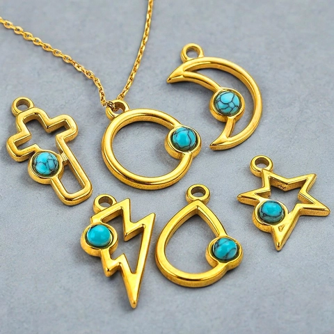 Pendentifs Géométriques en Acier Inoxydable Incrustés de Pierre Naturelle Lune Étoile Croix Éclair Goutte DIY Pour Bijoux
