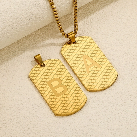 Hip Hop Stainless Steel Gold Plated Military Dog Tag Pendant Necklace Alphabet Letter Rhombus Texture Streetwear Jewelry