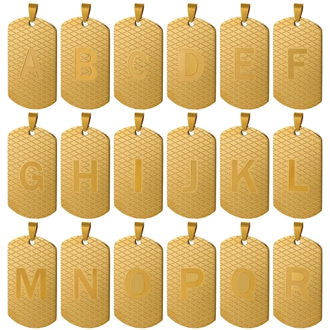 Hip Hop Stainless Steel Gold Plated Military Dog Tag Pendant Necklace Alphabet Letter Rhombus Texture Streetwear Jewelry