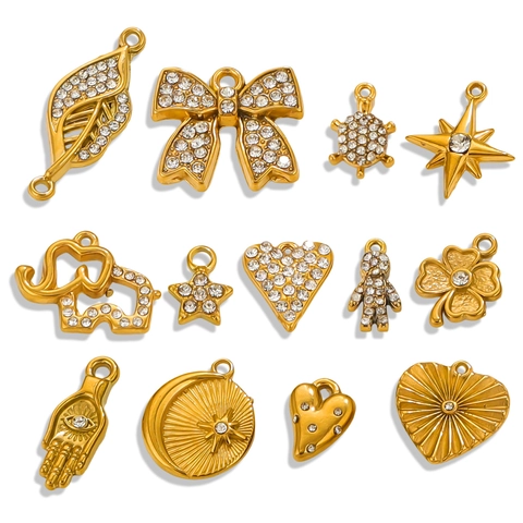Stainless Steel Gold Plated Rhinestone Pendants Heart Star Starfish Bow Elephant Butterfly Charms For DIY Jewelry Making Accessories
