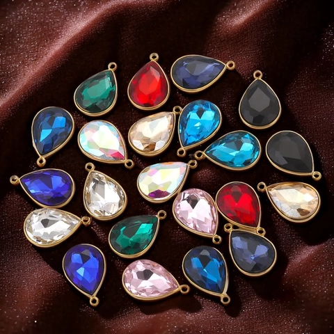 Stainless Steel Glass Crystal Teardrop Pendant Colorful Rhinestone Gold Bezel Faceted Gemstone For DIY Jewelry Making Accessories