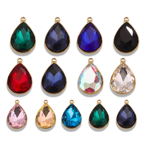 Stainless Steel Glass Crystal Teardrop Pendant Colorful Rhinestone Gold Bezel Faceted Gemstone For DIY Jewelry Making Accessories