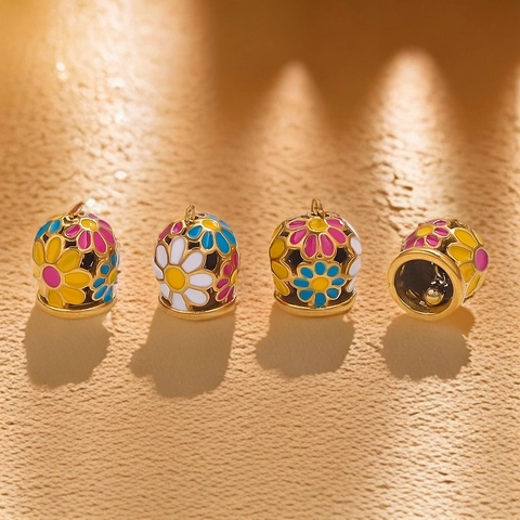 Stainless Steel Enamel Flower Bell Pendant Rhinestone Inlaid DIY Jewelry Findings Accessory For Bracelet Necklace Making